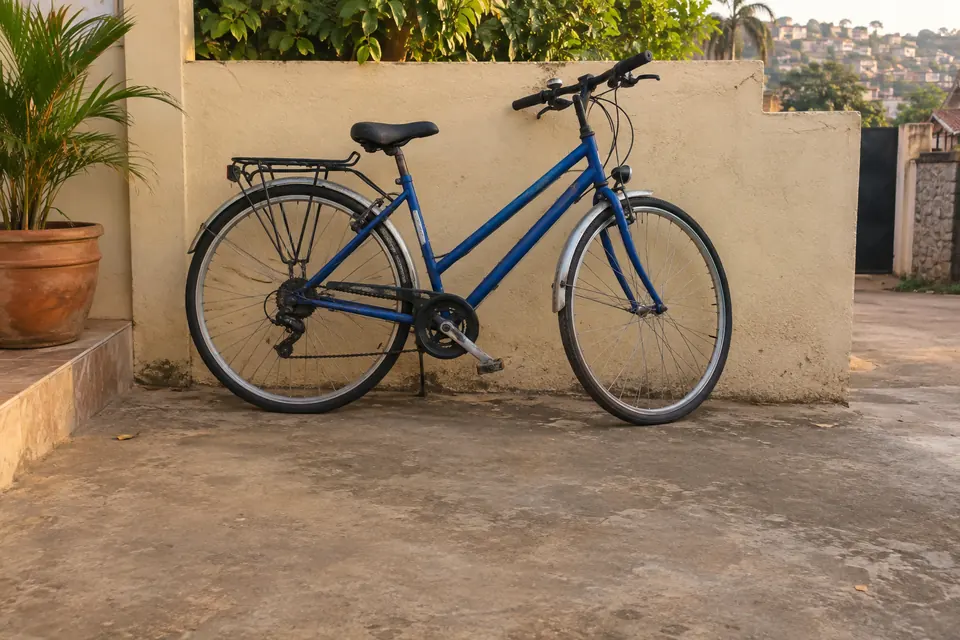 Blue bicycle leaning against a leafy courtyard wall