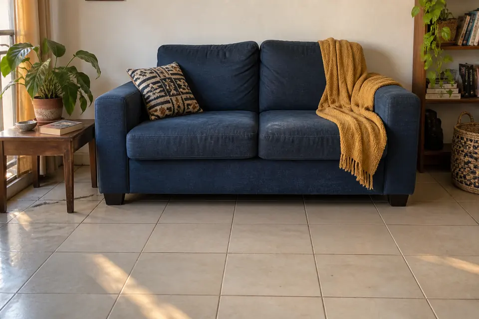 Blue sofa with an ochre throw in a sunlit living room